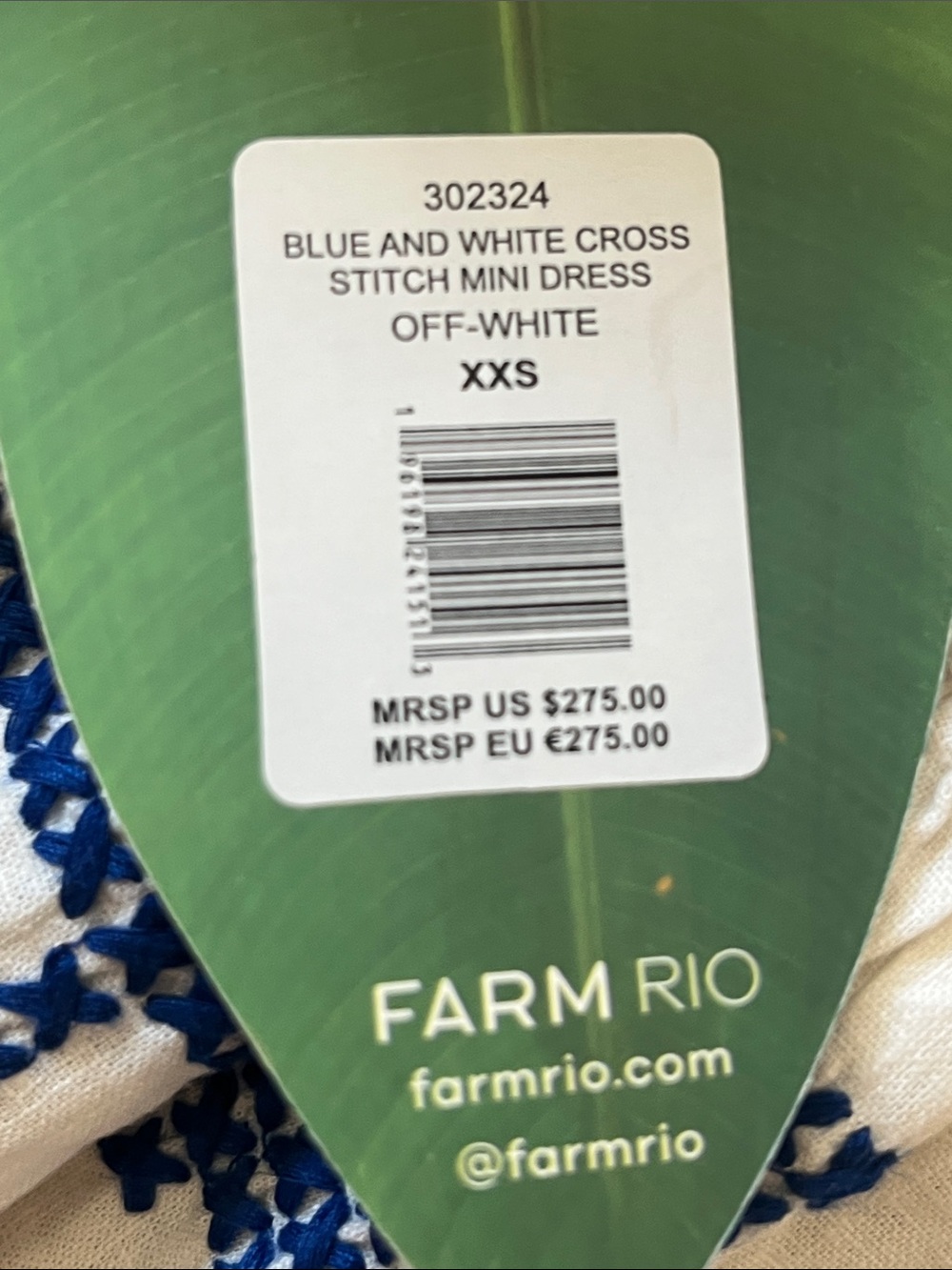 FARM Rio White Mini Dress with Blue Embroidery Crosstitch - Picture 7 of 10
